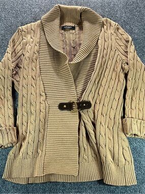Lauren Ralph Lauren black label Brown Tan Cable Knit Buckle Cardigan Sweater XL